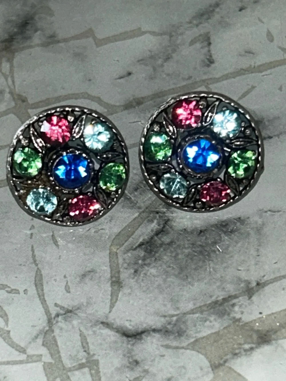 Vintage Multicolor Rhinestone Clip-On Earrings Silver Retro Statement Jewelry